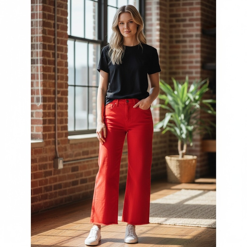 Risen Jeans Wide Leg Pants Womens 9/29 Red Wild Oak Boutique Frayed Hem Denim